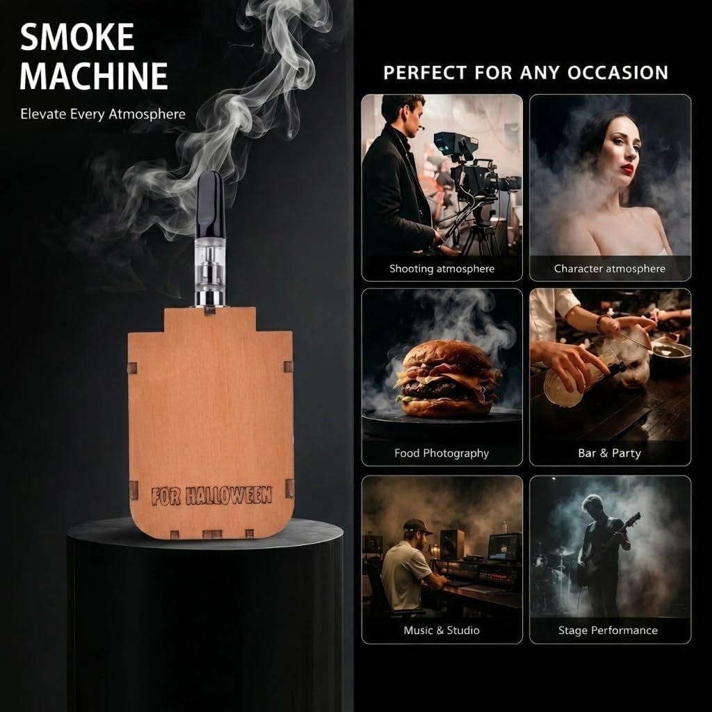 Portable Mini Fog Machine Handheld Smoke Maker with Remote Control Wireless Wooden Fogger Kit for Photography Video Cosplay Props Food Styling Includes Carrying Case and Fluid (Round-Bottom Style) image 4