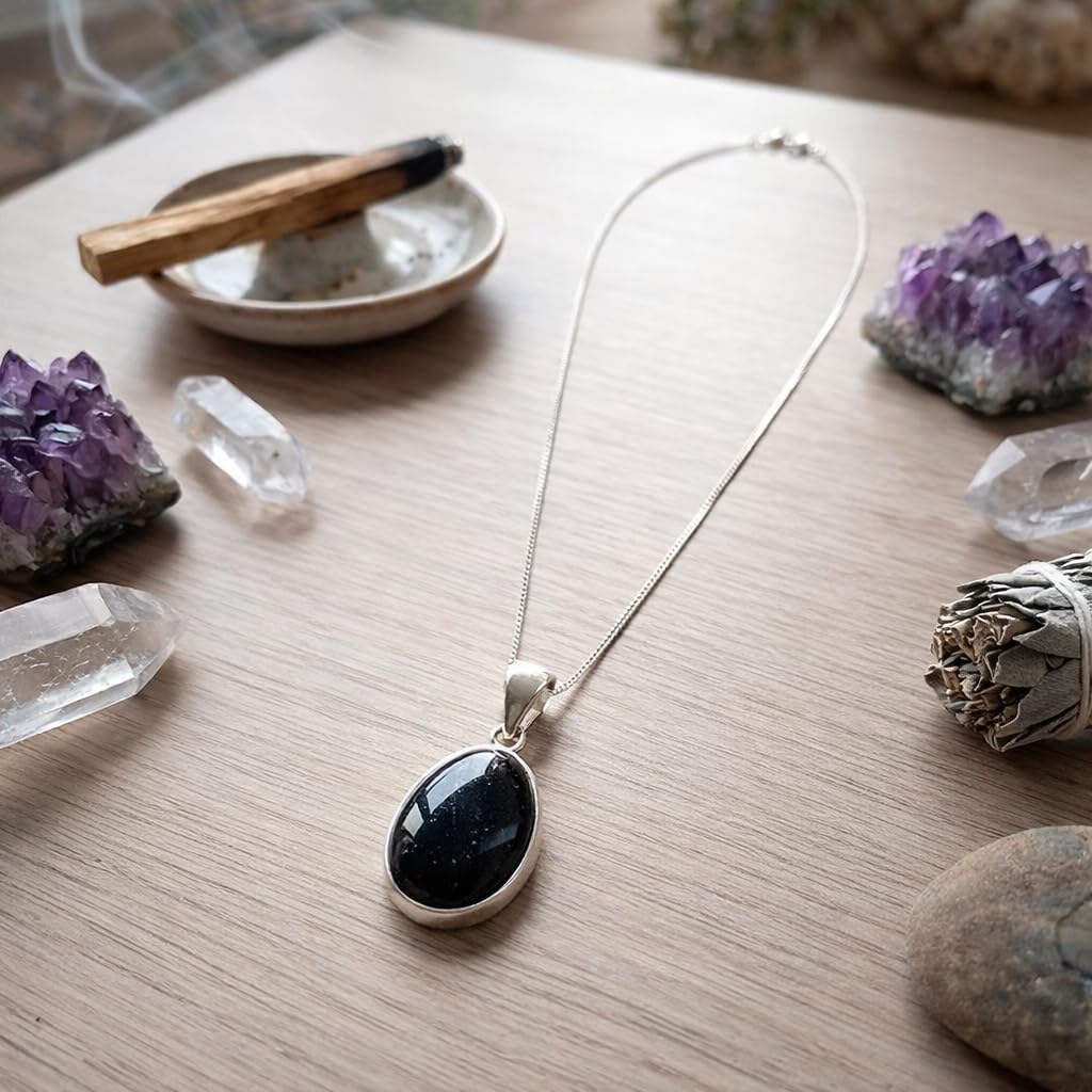 Only faith Collana con ciondolo in tormalina nera naturale in argento sterling 925, catena italiana 45 cm, pietra protettiva lucida, gioielli minimalistici da donna