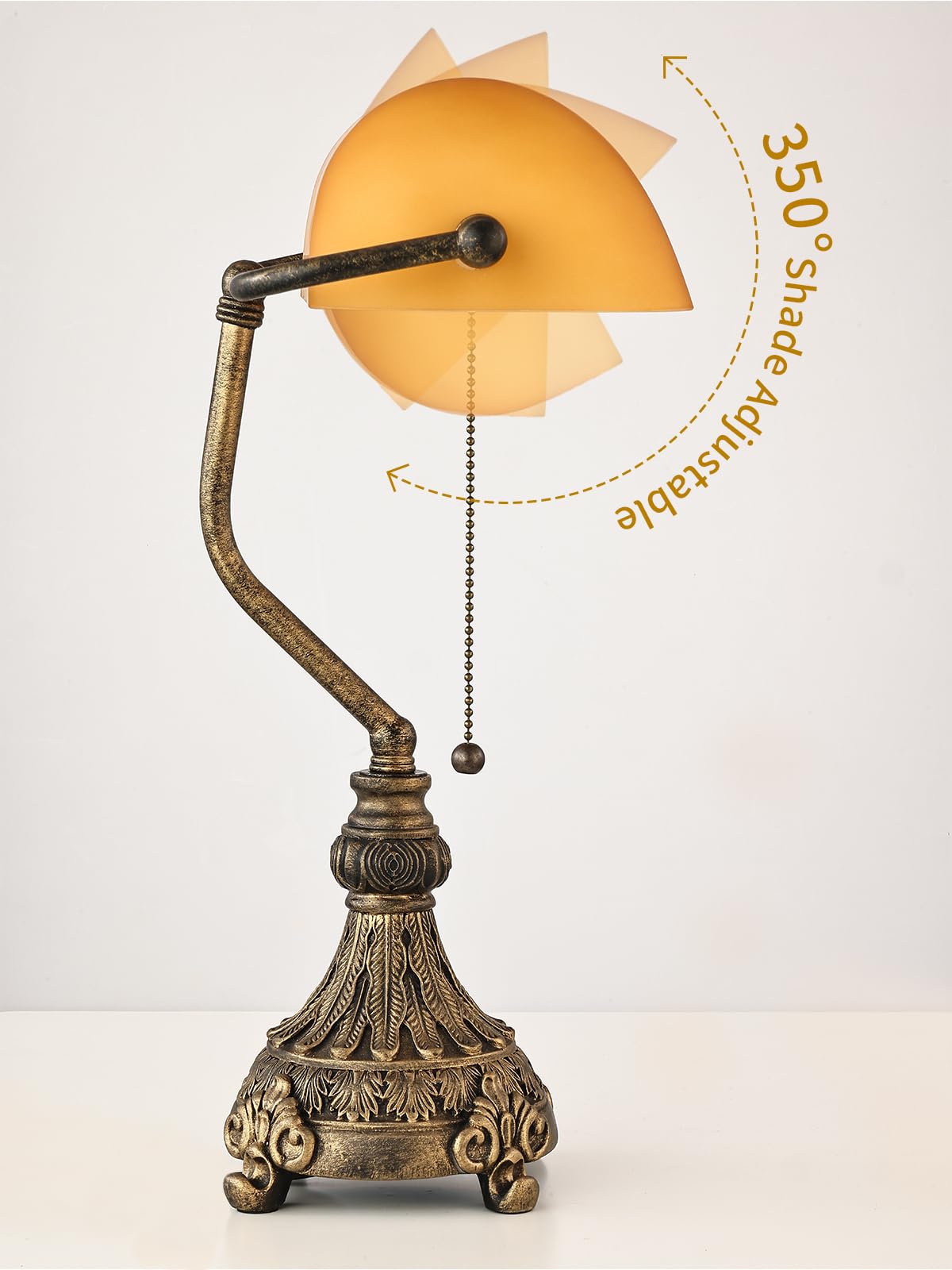 Lampada da scrivania vintage da banchiere in vetro ambra | Libreria per l'home office con dispositivo di inserimento dell'interruttore a catena, lampadina LED inclusa