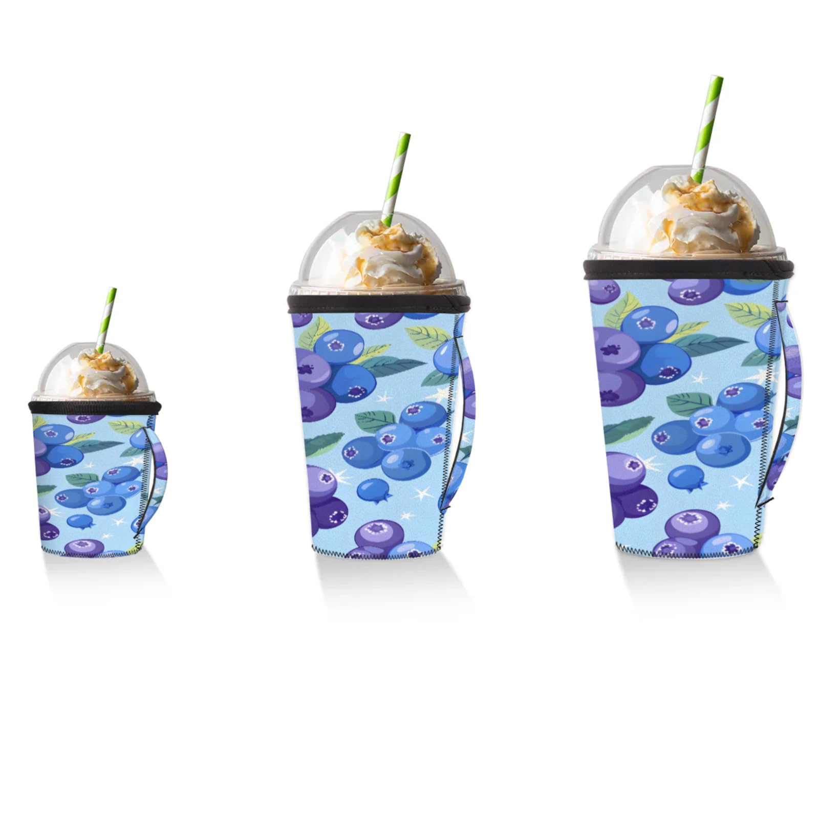 Watercolor Blueberry Stars Reusable Neoprene Coffee Sleeve with Handle Insulated Iced Coffee Cup Holder Reduces Condensation Fits 24-28 oz Cups M