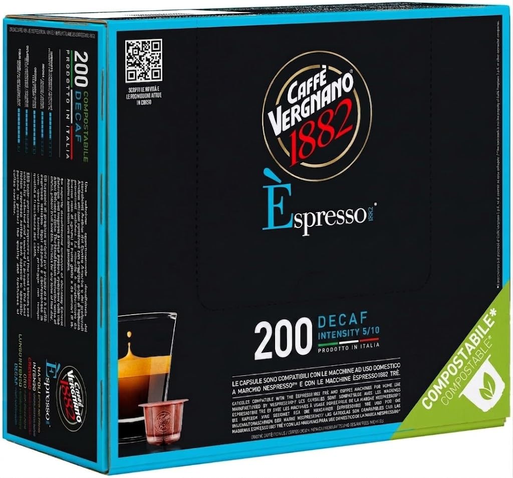 Caffè Vergnano 1882 Èspresso Miscela DEK Decaffeinato, 200 Capsule Compostabili Compatibili Nespresso -DD-