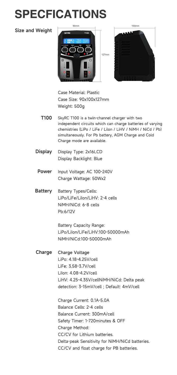 Doppel Lipo Balance Ladegerät, SKYRC T100 5.0A Dual AC-Eingang Zwei-Kanal XT60 Akku/Entlader für 2S 3S 4S Life LiHV Li ion, 6S 7S 8S NiCd NiMH Pb AGM (6V/12V) Timer Stop AGM & Kaltlade