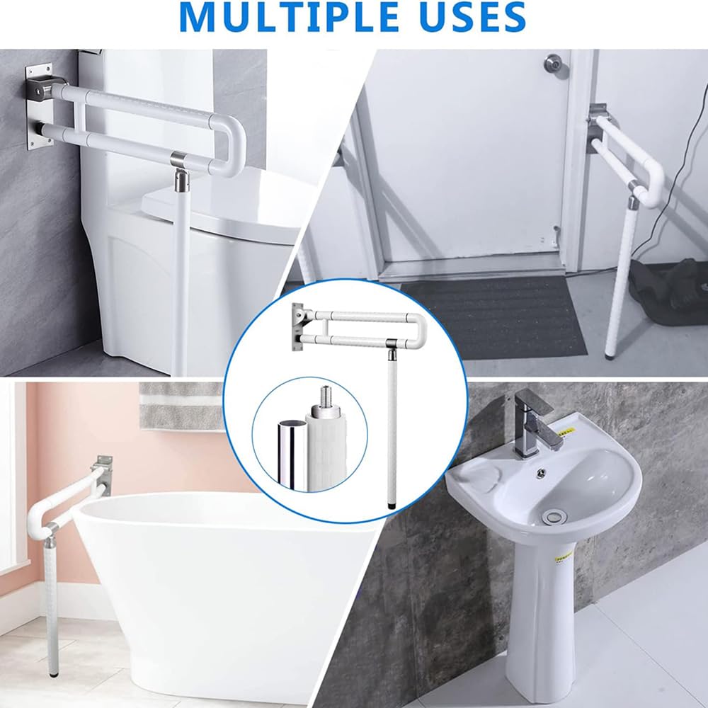 Barre D'appui Wc,Barre Support Mural,Barre Dappui Wc Handicapé,arre D'appui Douche Pliable Salle Avec Un Anneau Lumineux,Rotation Verticale à 90°,pour Salle de Bains,handicapés (blanc, 70cm)