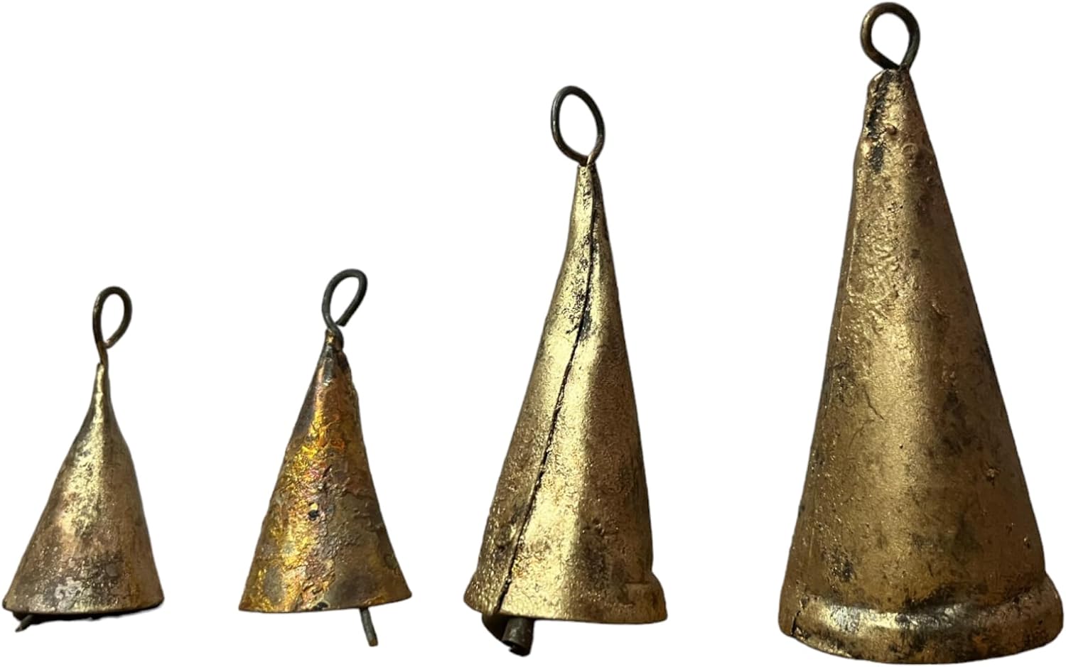 Mango Gifts Vintage Rustic Iron Tin Bells, Chimes Craft Bells, X-Mas Tree Decoration, Jingle Bell, Antique Gold Finish, Cone Shape, Mix Assortment Set of 24 Pieces