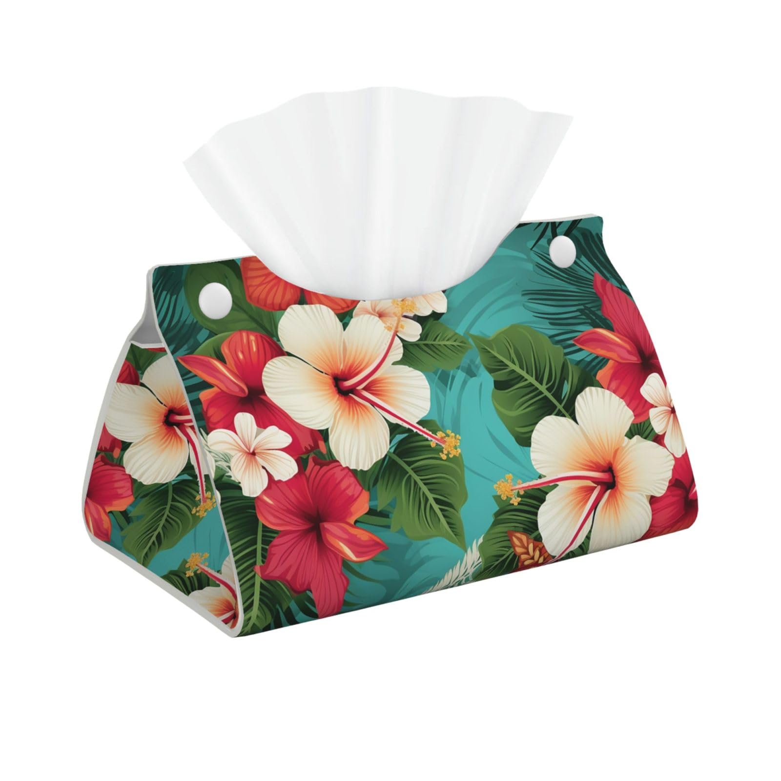 Pu Leather Tissue Box Cover, Hawaiian Flowers On Green Background Rectangle Tissue Case Covers Decorative Tissue Box Holder Waterproof Tissue Holder Organizer for Bathroom Home Office
