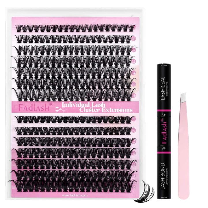 Kit de cílios em tufos FADLASH 40D+50D com curvatura D, cola e selante, pinça e comprimentos de 8 a 16 mm