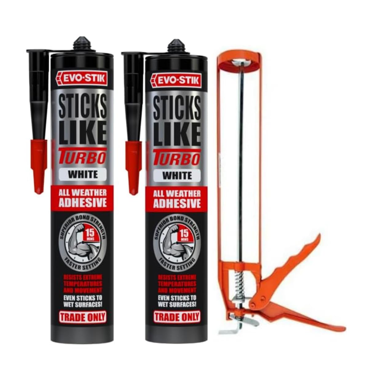 Evo Stik Sticks Like Turbo Grab Adhesive & Sealant, Heavy Duty, All Weather, Fast Drying, White, 2×290ml + Caulking Gun لاصق وسيليكون إيفو ستيك توربو قوي وسريع الجفاف مع مسدس سيليكون
