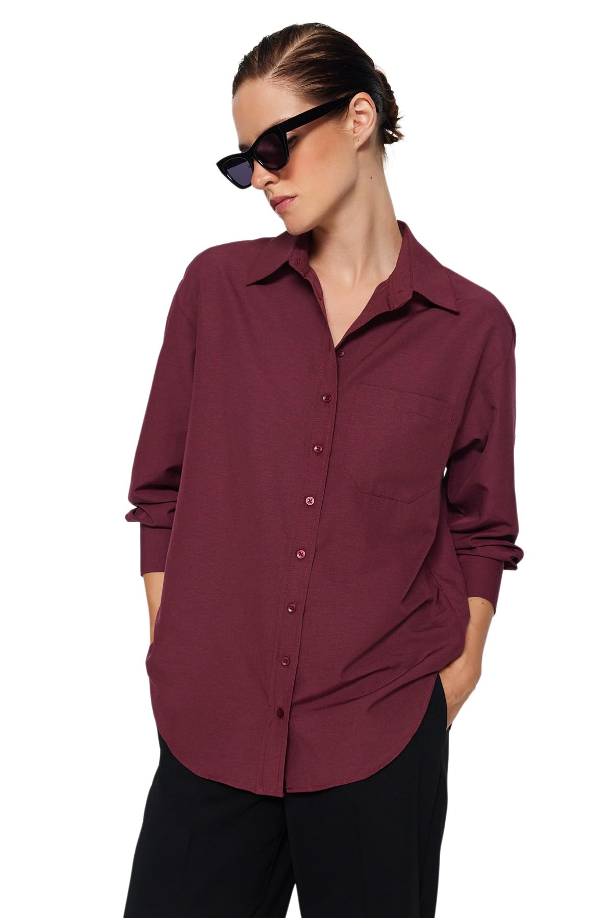 TRENDYOL Women's Straight Long Sleeve Plus Size Shirt, Dark Burgundy, 12