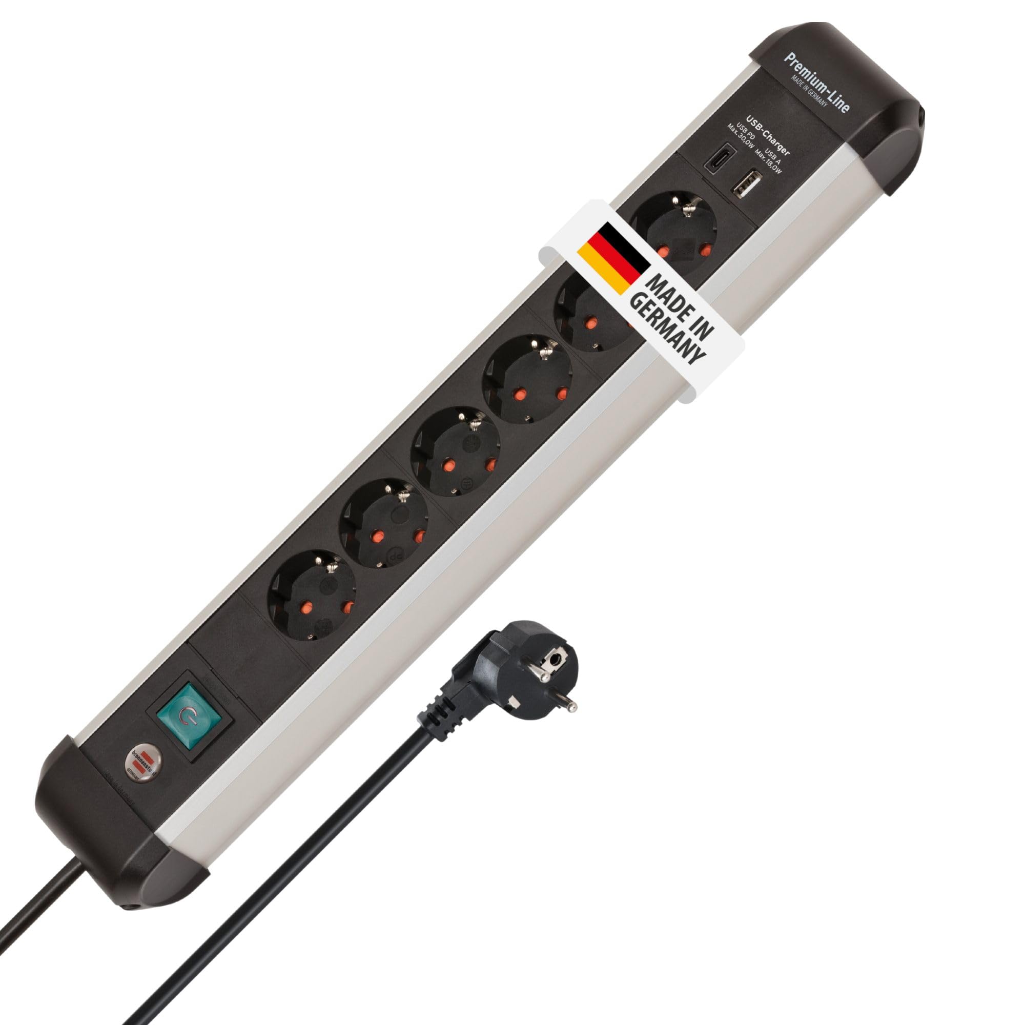 Brennenstuhl Premium-Alu-Line Steckdosenleiste 6-Fach mit USB C, 3m | Mit USB C PD 30W und USB A 18W aus Aluminium, Made in Germany, Mehrfachsteckdose mit Schalter, Steckerleiste zur Wandmontage