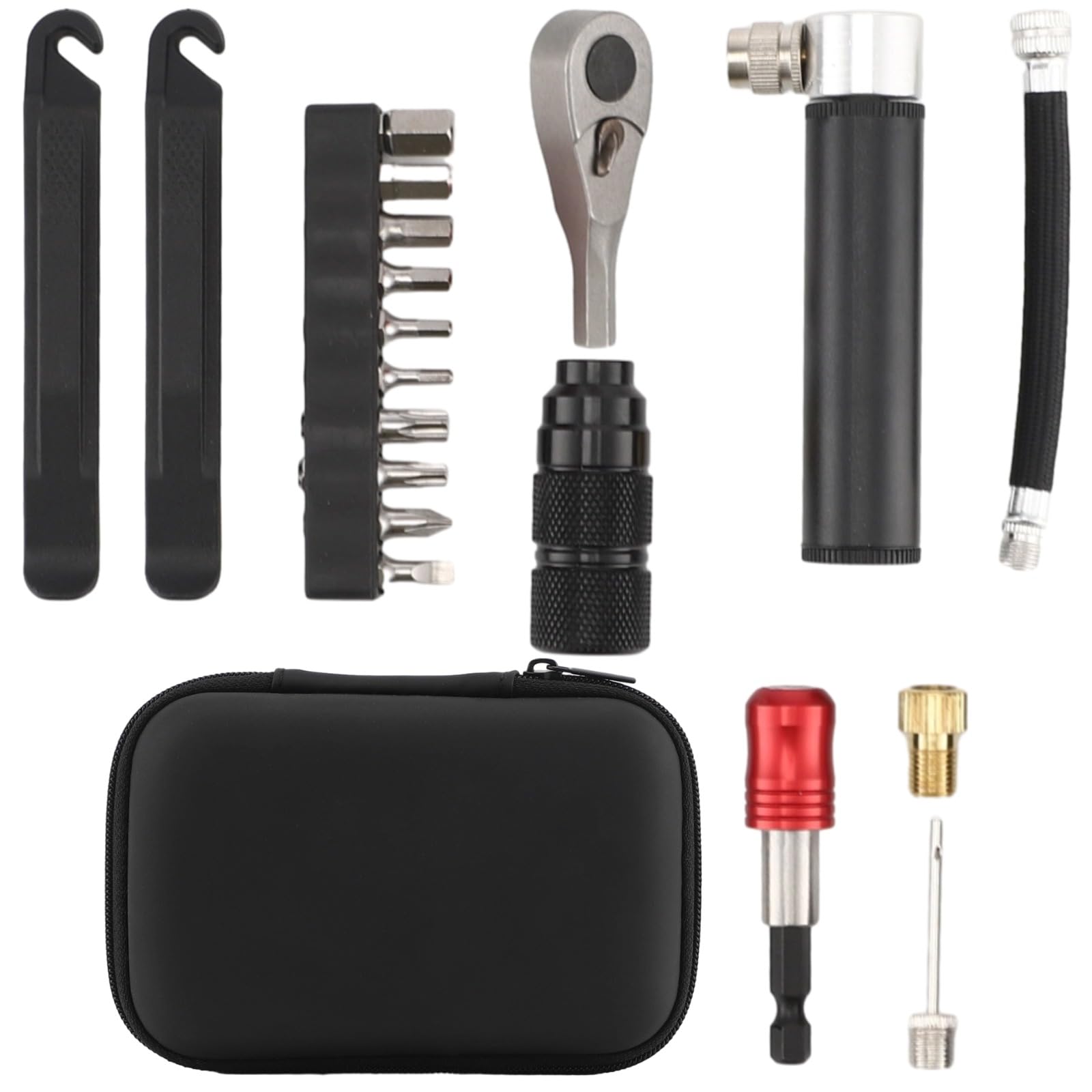 11-teiliges Fahrradreparaturset, Multifunktions-Werkzeugset mit Mini-Pumpe, Ratschen-Schlüssel, 10 Bits und stabilen Reifenhebern, Tasche für Pannen unterwegs und Reparaturen zu Hause