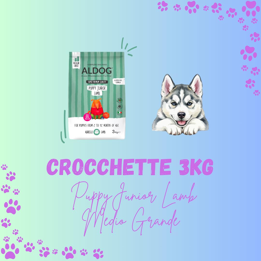 Chien Aldog Croquettes monoprotéiques pour chiens chiots, aliments pour chiens chiots de toutes tailles et races, N° ALDOG PUPPY-JUNIOR LAMB Croquettes moyennes/grandes, 1 lot de 3 kg, 1 x 3 kg.