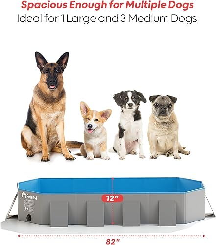 Peteast Foldable Dog Pool - Extra Large 71" x 39" x 12" Hard Plastic Portable Pet Bath Tub with Non-Slip & Reinforced Stability, Collapsible Design for Indoor Outdoor Backyard Use (Blue)(Blue&gray,82Inch)