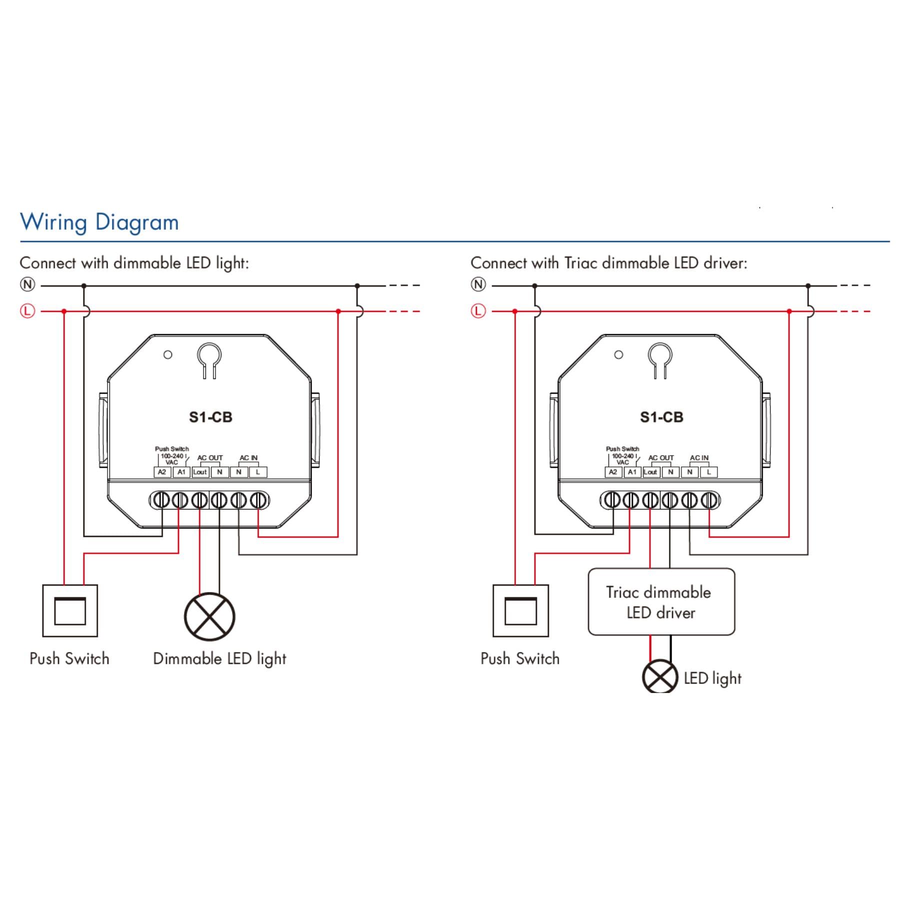 Casambi LED-Schalter Triac Dimmer Bluetooth, RF 2,4 GHz mit NO-Taste, für dimmbare LED-Lampen, Phasenabschnitt, 220 V, 1 K, 1,5 A, max. 360 W, Einstellung 0-100 %