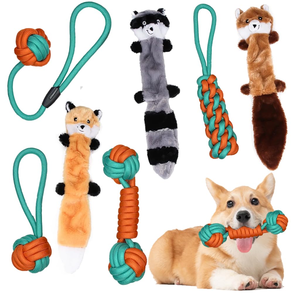 GUSGU Juguetes para Perro, 7 Piezas, Peluches con Sonido y Cuerdas para Morder, Interactivos, Beneficiosos para la Salud Mental y Limpieza Dental