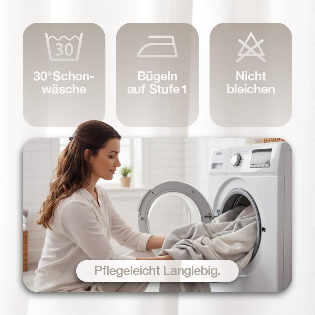 Happy Home 2er-Set Scheibengardine mit Ösen 140x50 cm – Halbtransparenter Vorhang Leinenoptik Grau Weiß – Moderne Bistrogardine für Küche & Bad – Küchengardine Kurz & Waschbar