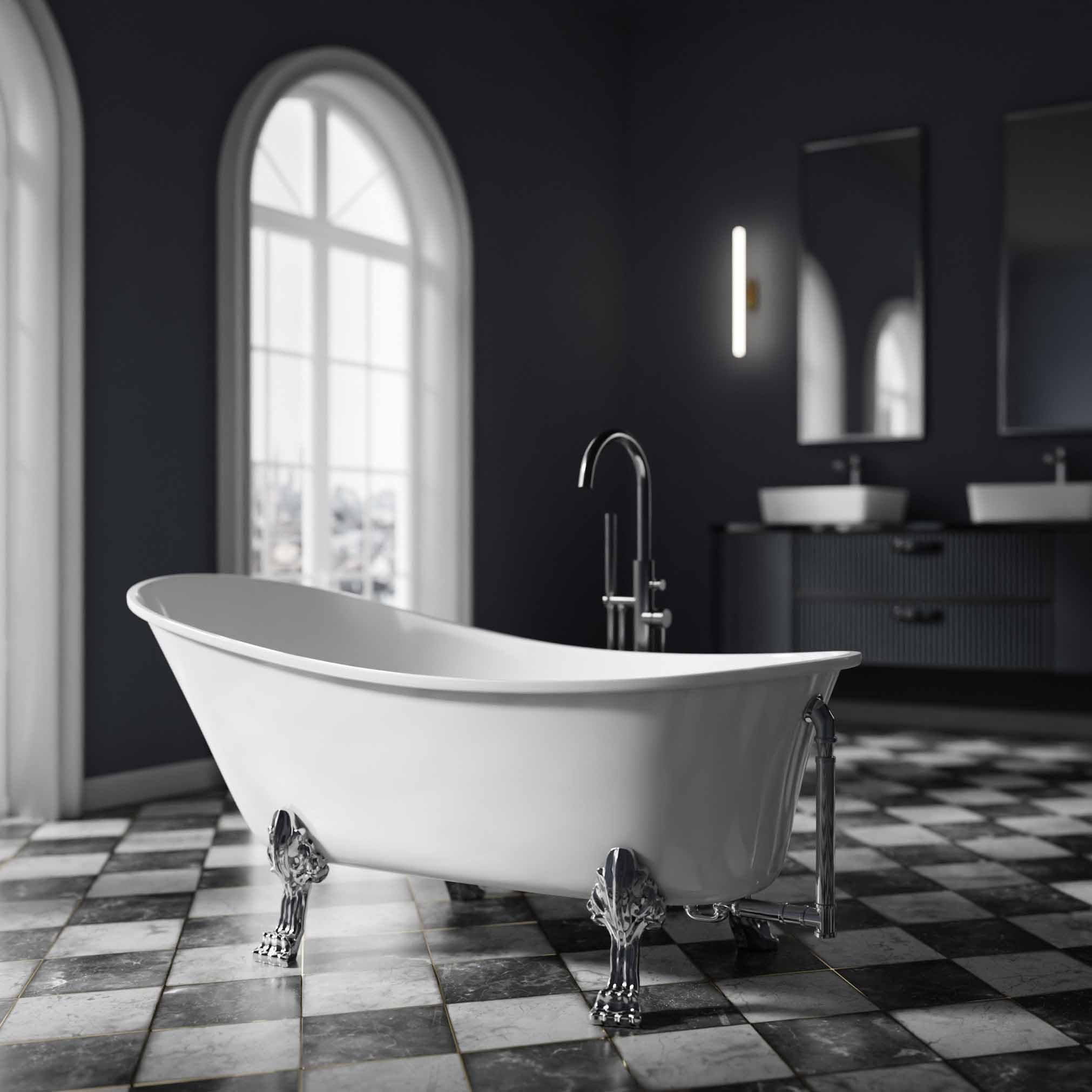 BERNSTEIN - Baignoire îlot Acrylique Sabot ovale design Blanc brillant sur pieds couleur Blanc, robinet sur pieds Chrome + Bonde, trop plein, 200L - 176x71x77cm (lxLxH) - PARIS