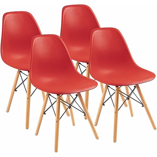 Furmax Pre Assembled Modern Style Dining Chair Mid Century Modern DSW Chair, Shell Lounge Plastic Chair for Kitchen, Dining, Bedroom, Living Room Side Chairs Set of 4，Red