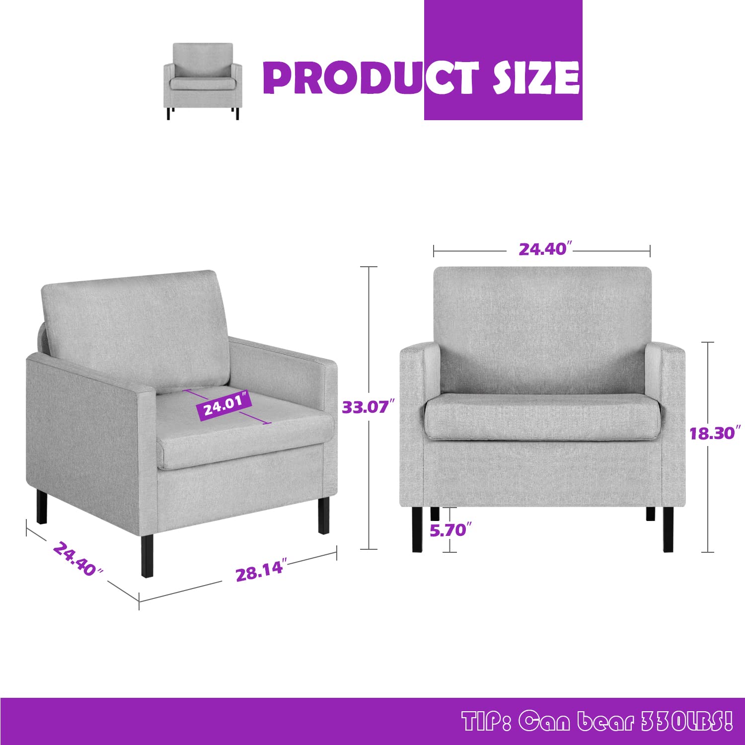 TYBOATLE Modern Upholstered Linen Fabric Accent Arm Chairs, Living Room Single Sofa Chair with Metal Legs, Comfy Reading Lounge Armchair for Small Spaces, Apartment, Bedroom, Office (Light Grey)