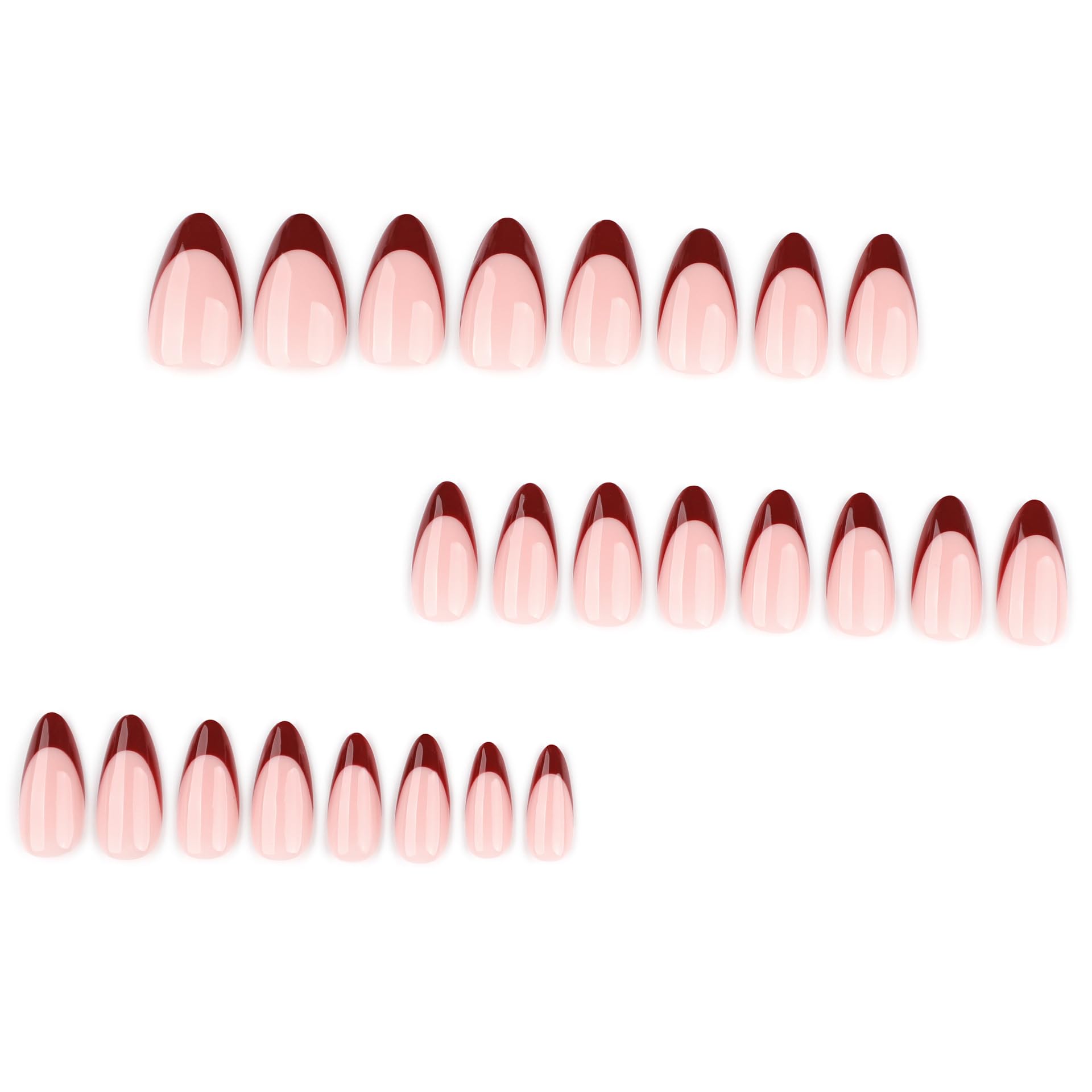 krótkie sztuczne paznokcie, czerwony migdał Burgundy French Design Short Glossy Press on Nails, Wine Red Tips Shiny Pure Colour Retro Chic Flair jesień zima INS Fake Nails