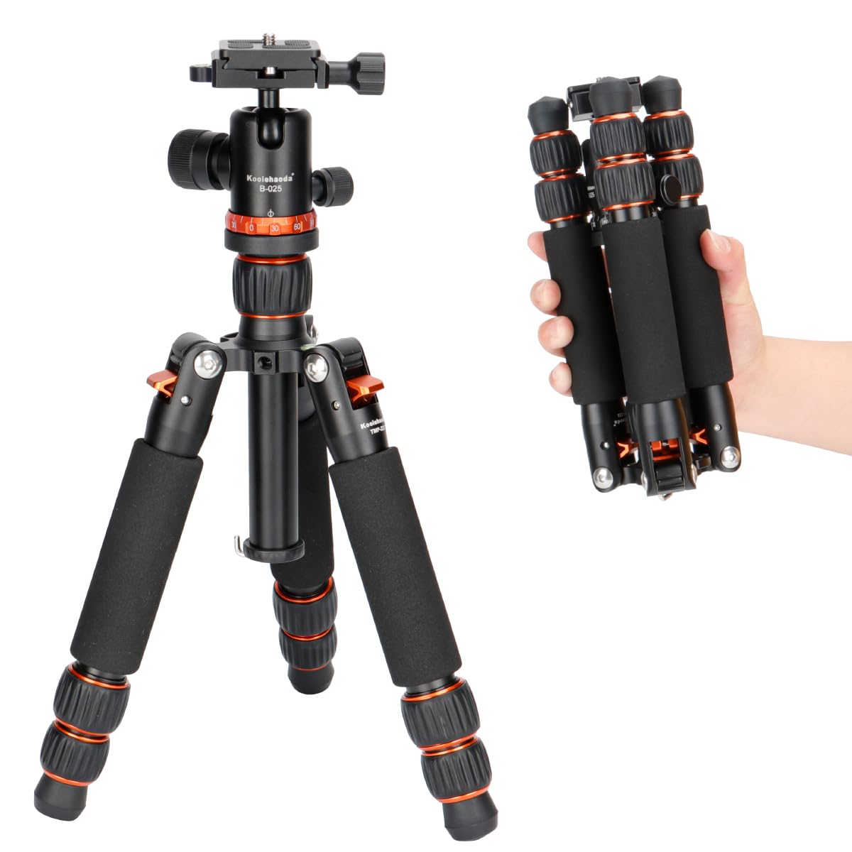 Koolehaoda Mini treppiede per fotocamera, treppiede da tavolo in lega di alluminio Altezza 21-63,5 cm con testa a sfera a 360 gradi per videocamera DSLR, carico fino a 10 kg (TMP-223 Arancio)