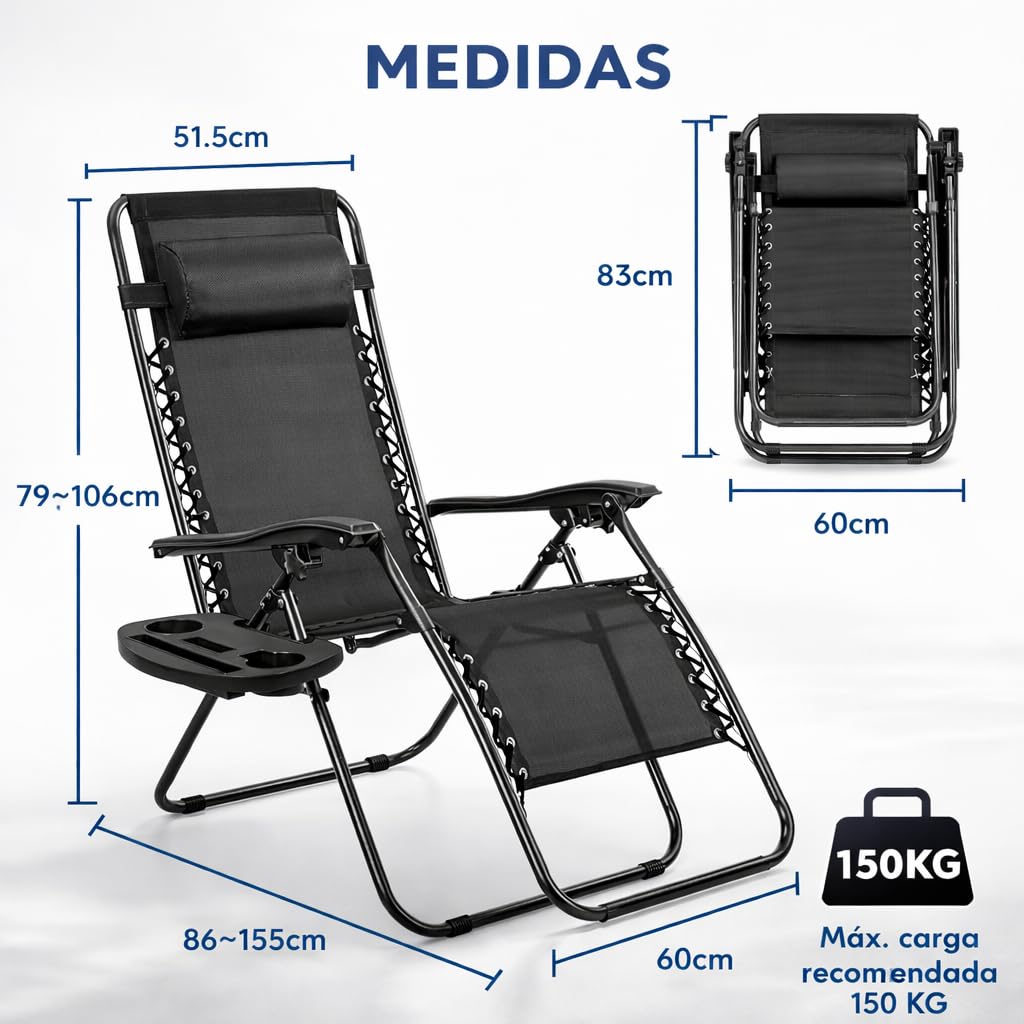 Pack 2 Tumbonas o Sillas de Exterior Plegables para jardín | Playa | Piscina o Terraza | Hamacas Reclinables Camping con Portavasos y Reposacabezas | Hasta 150kg | Silla plegable playa o Tumbona — view 3