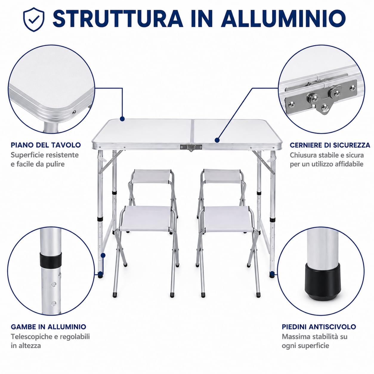 Generico Tavolo Pieghevole da Campeggio con 4 Sgabelli Inclusi, Tavolo Picnic Portatile Richiudibile con Altezza Regolabile 55/62/70 cm, Tavolo da Giardino Campeggio Pesca BBQ Escursioni 120x60 cm