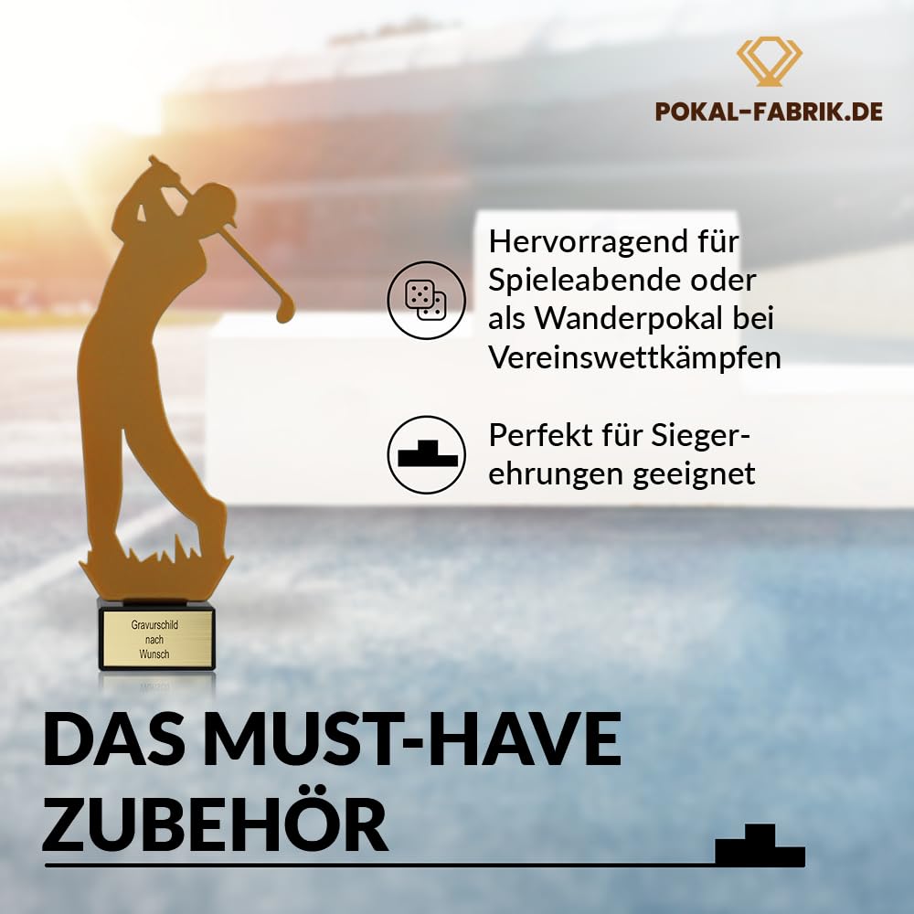 Pokal-Fabrik - Goldener Golf Pokal 21 cm aus Metall mit Gravur - Geschenk-Trophäe mit Golfer-Silhouette & Steinsockel - Personalisiertes Geschenk - Wanderpokal Golfen Zubehör