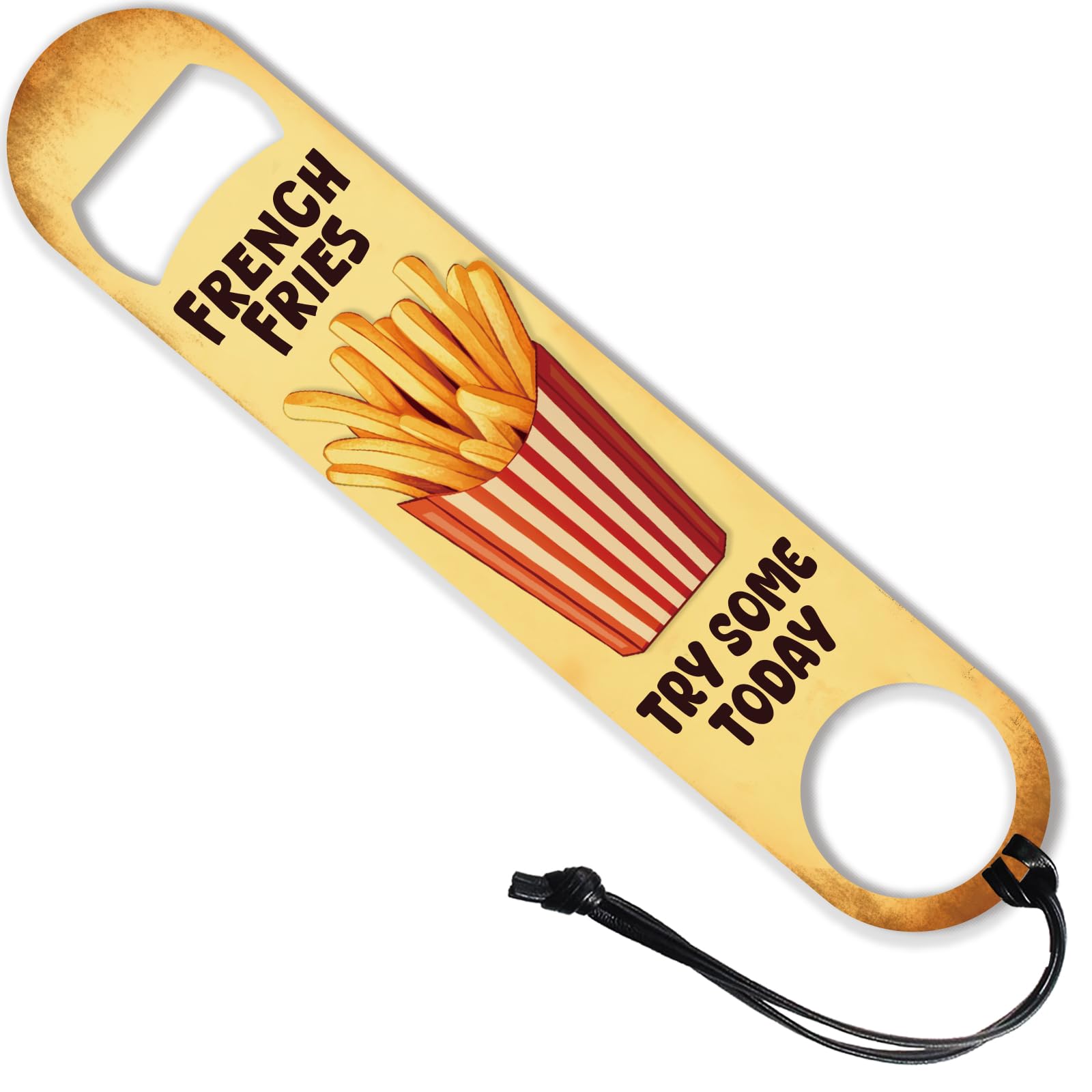 Décapsuleur en acier inoxydable motif frites avec cordon cuir vintage 7pouces