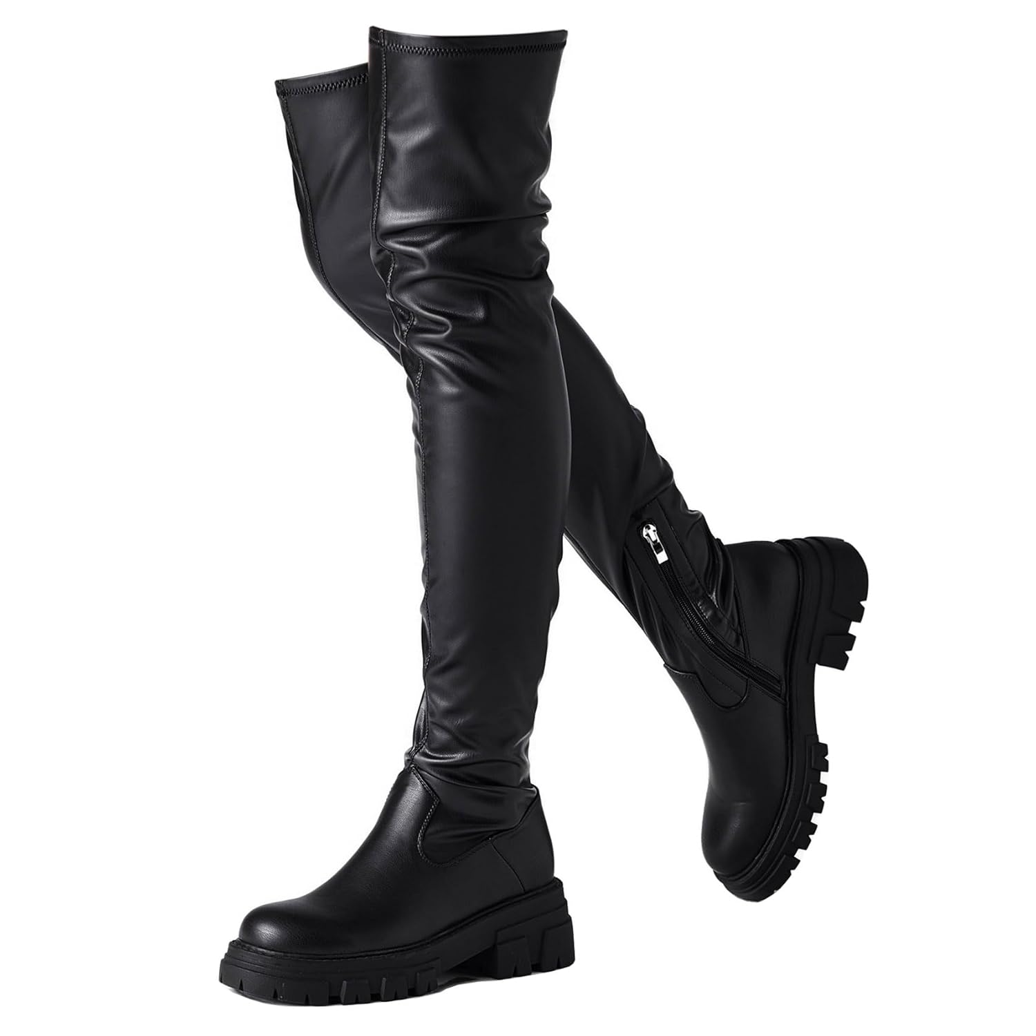 Women Thigh High Boots Platform Lug Sole Chunky Heels Stretchy Over The Knee Boot