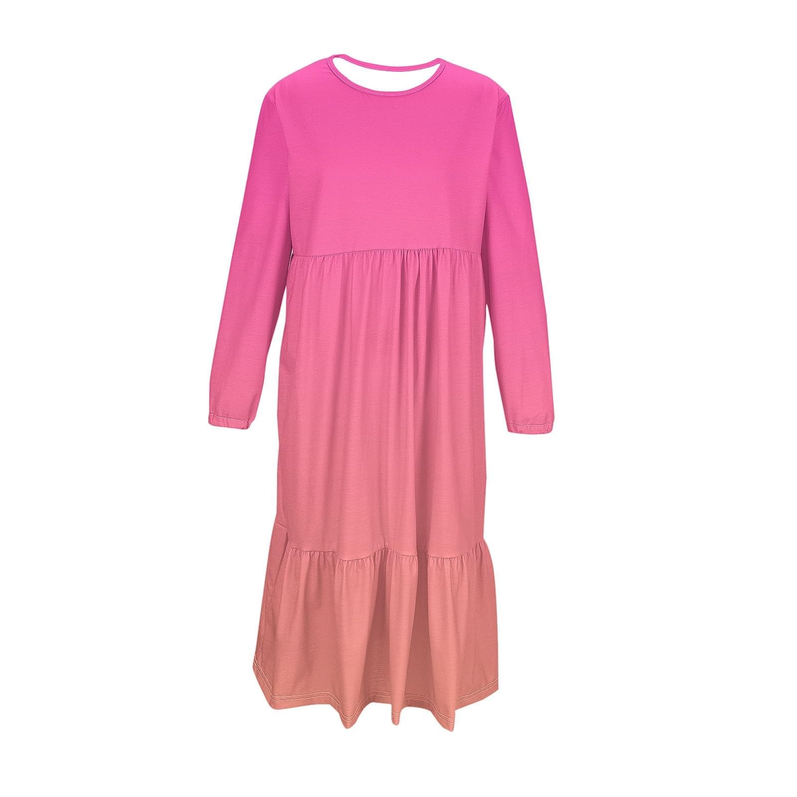 Vestido de manga larga para niñas, casual, playa, vacaciones, vestido largo, para primavera, verano, cuello redondo, bohemio, acampanado, con bolsillos