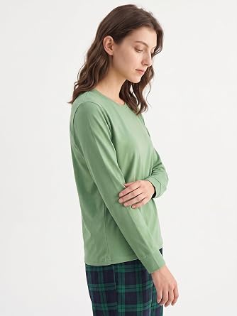 Latuza Women's Petite Pajama Set Crew Neck Knit Top Flannel Jogger Pants