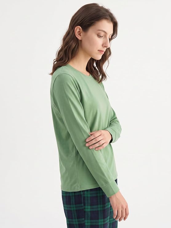 Latuza Women's Petite Pajama Set Crew Neck Knit Top Flannel Jogger Pants