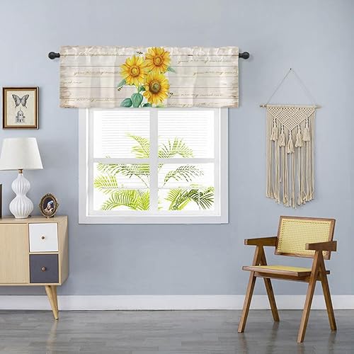 Miniatura 6 de LeLehome Cenefa de cortina de ventana con diseño de girasol, 1 panel, 54 x 18 pulgadas, tratamiento de ventana de algodón y lino, bolsillo para