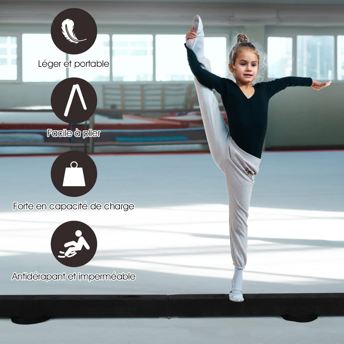 RELAX4LIFE Poutre Gymnastique Pliable 210 cm en Finette avec Pieds Surélevés, Poutre Gym au Sol Portable avec Poignées de Transport, Gymnastique Materiel pour Enfants et Adultes (Noir)