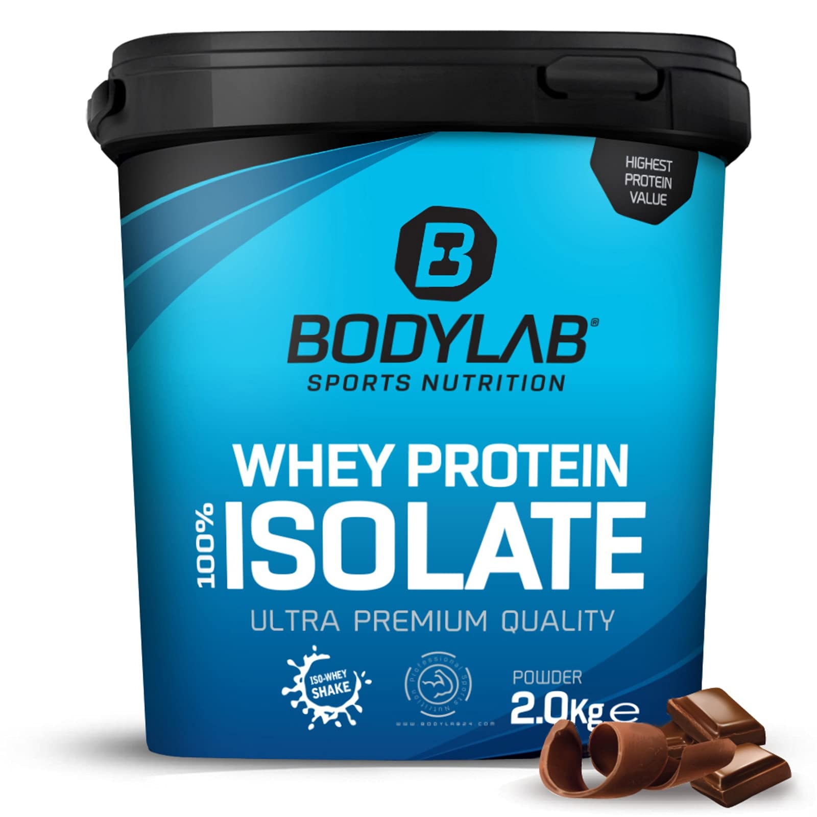 Whey Protein Isolate Chocolat 2kg Bodylab24, poudre de protéines à base d'isolat de whey, peut favoriser la construction musculaire, sans aspartame