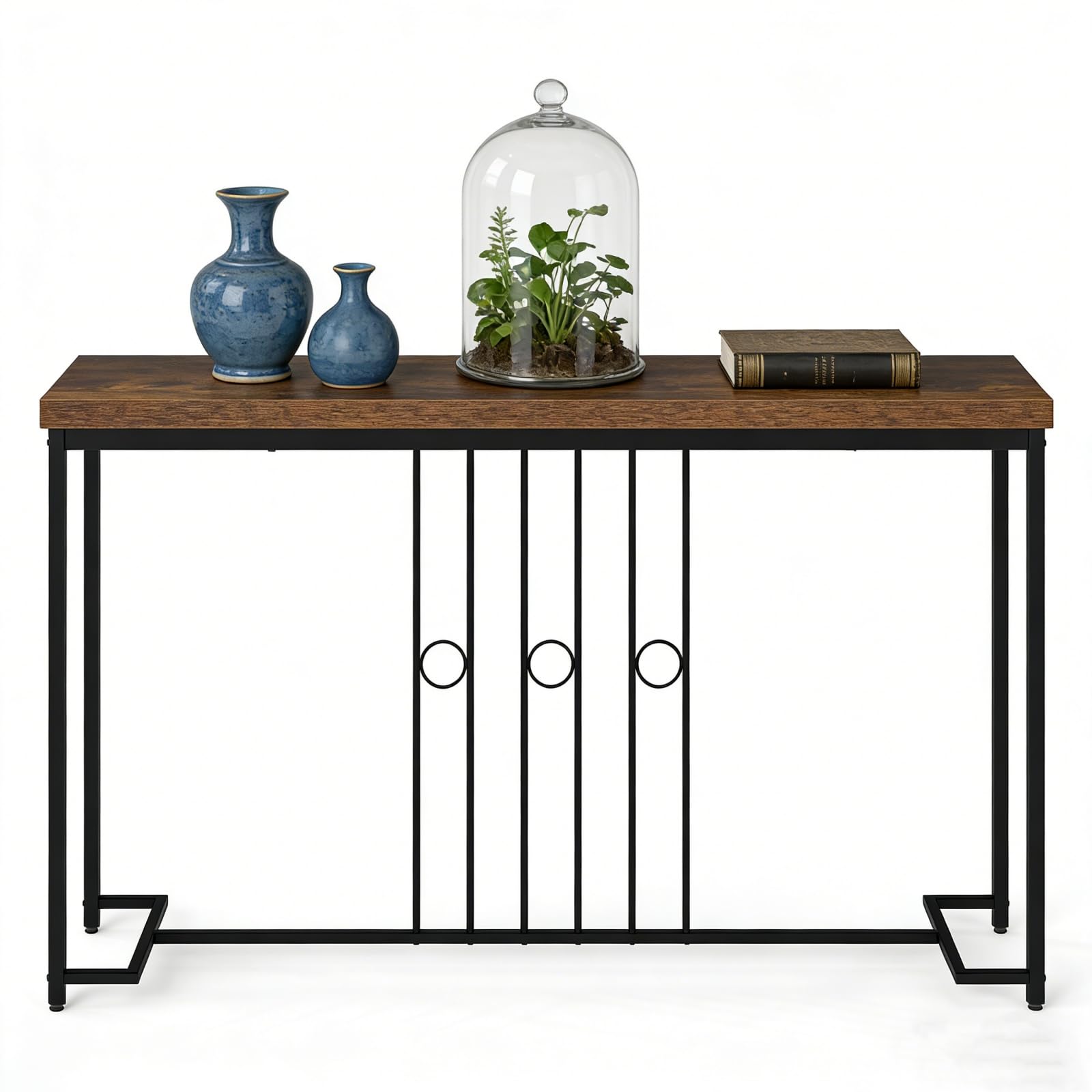 LIFEZEAL Consolle Ingresso, 140x30x81cm, Tavolo Consolle, Industriale, Lungo, Salvasapzio, in Legno e Metallo, con Decorazioni a Linee e Anelli, Console Dietro Divano, Entrata, Corridoio, Marrone