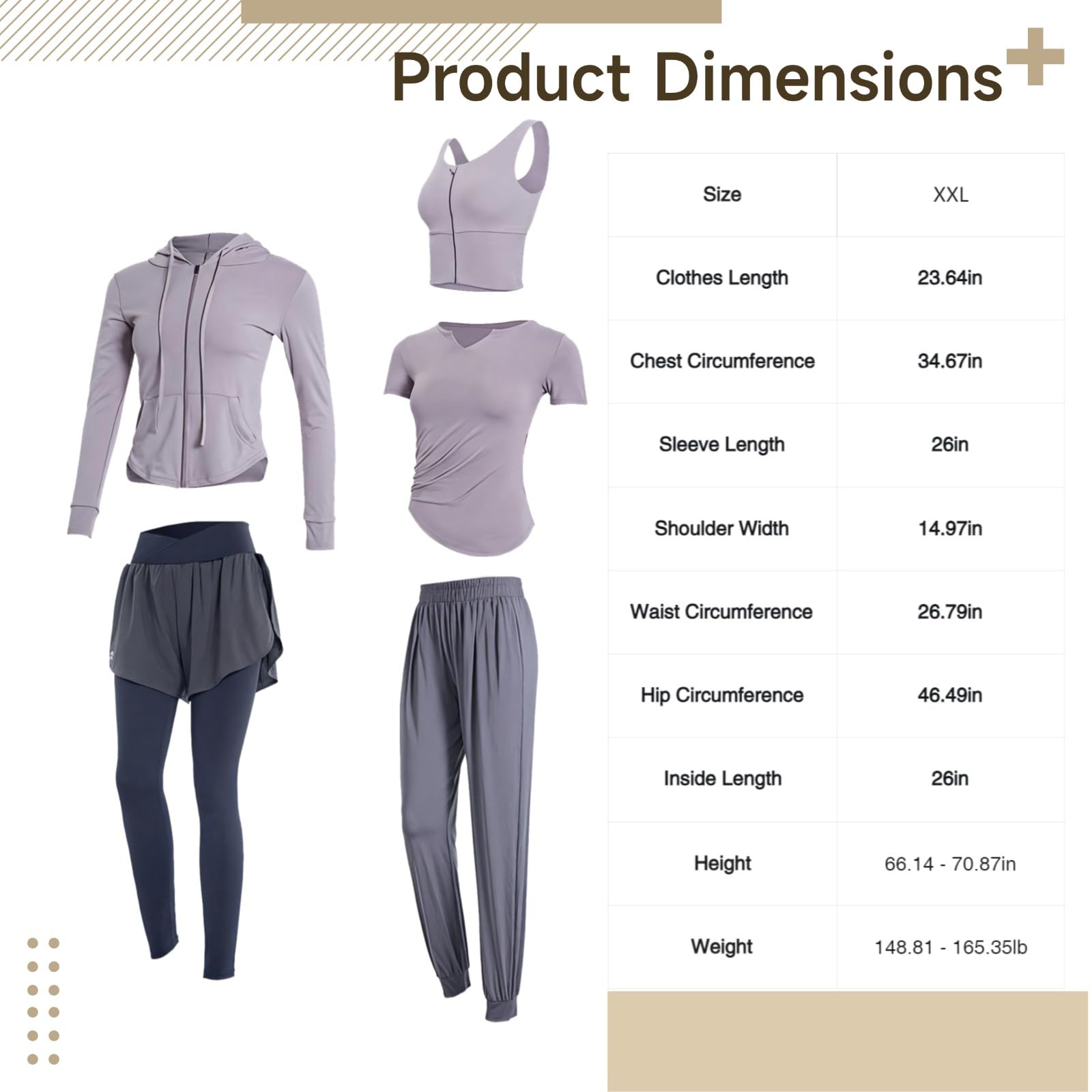 Xxl - Ropa de yoga y gimnasio para mujer, incluye pantalones cortos, sudadera, camiseta, brasier deportivo, leggings, se adapta de 135 a 150, tela transpirable, Gris púrpura., Talla única