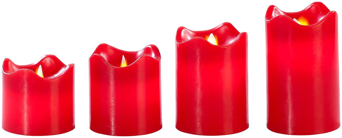Flammenlose Kerzen: 4 Echtwachskerzen mit beweglicher LED-Flamme, Abgestuft, rot (LED-Kerzen mit beweglicher Flamme, Fernbedien, rote)