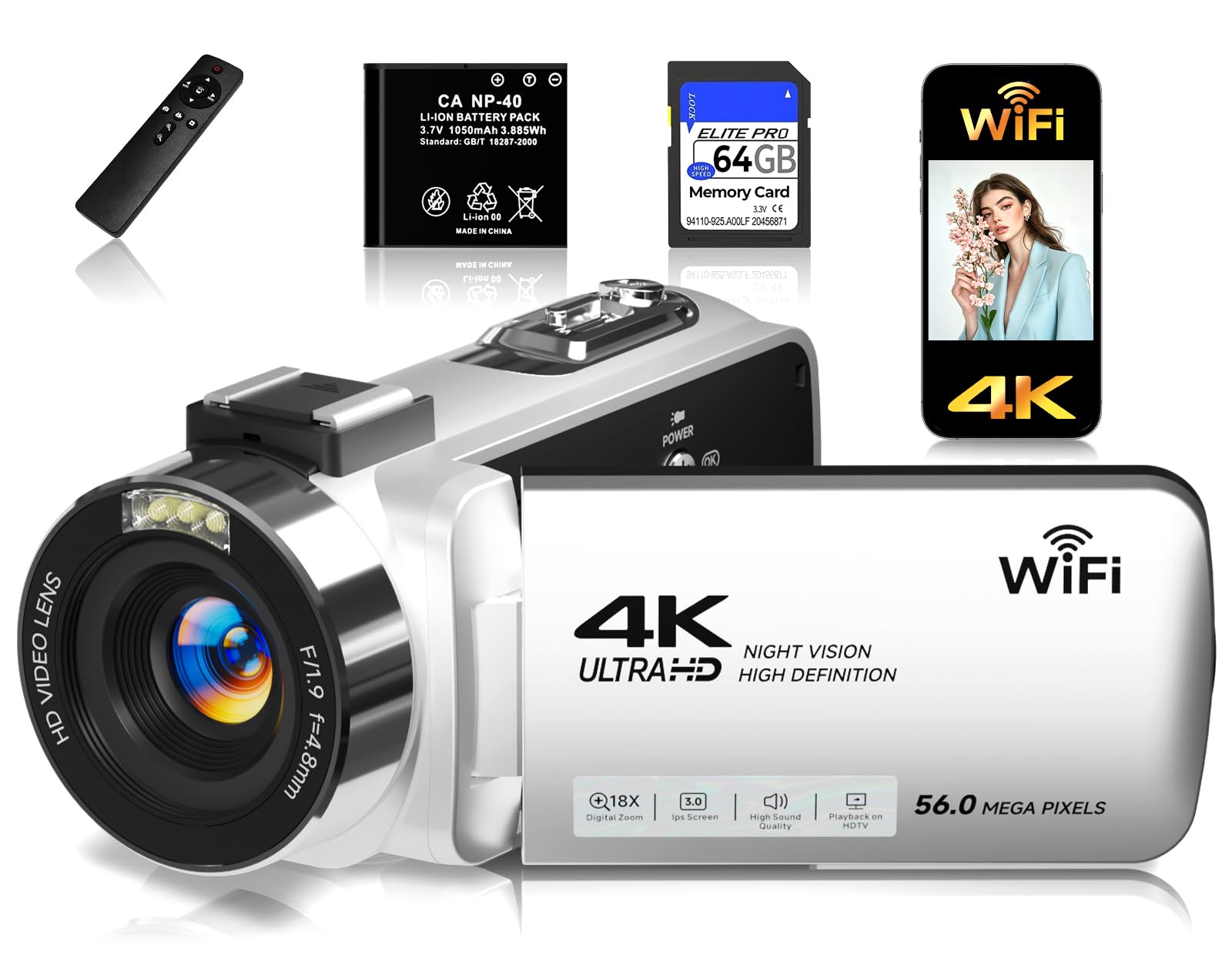 Videocamera FHD 4K 56 MP, videocamera WiFi Vlogging per YouTube con visione notturna a infrarossi, zoom digitale 18x, registratore video touch screen da 3,0", con scheda da 64 GB, telecomando, webcam