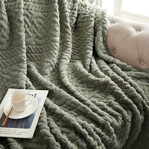 Coastline Sherpa Throw Blanket,Cable Pattern Decorative Soft Cozy Blanket for Couch Sofa,Light Weight Fleece Warm Throw Blanket for Bed,Olive Sage Green,152 x 203 cm - Image 3