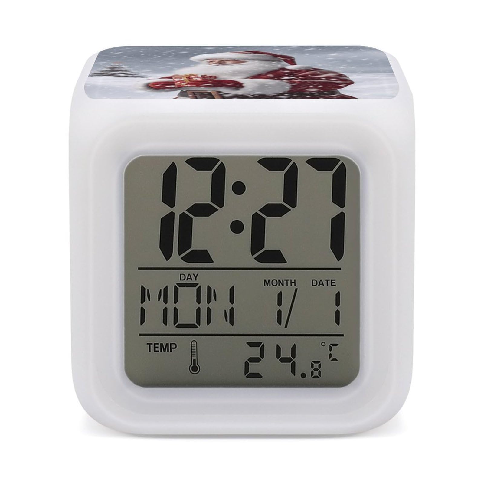 JTREHY Santa Claus Snow Secenry Alarm Clock Digital Dimmable Clock for Bedroom LED Display Screen Mini Clocks 7 Color Dimmable Night Lights Time-to-Rise Alarm Clocks for Office Living Room