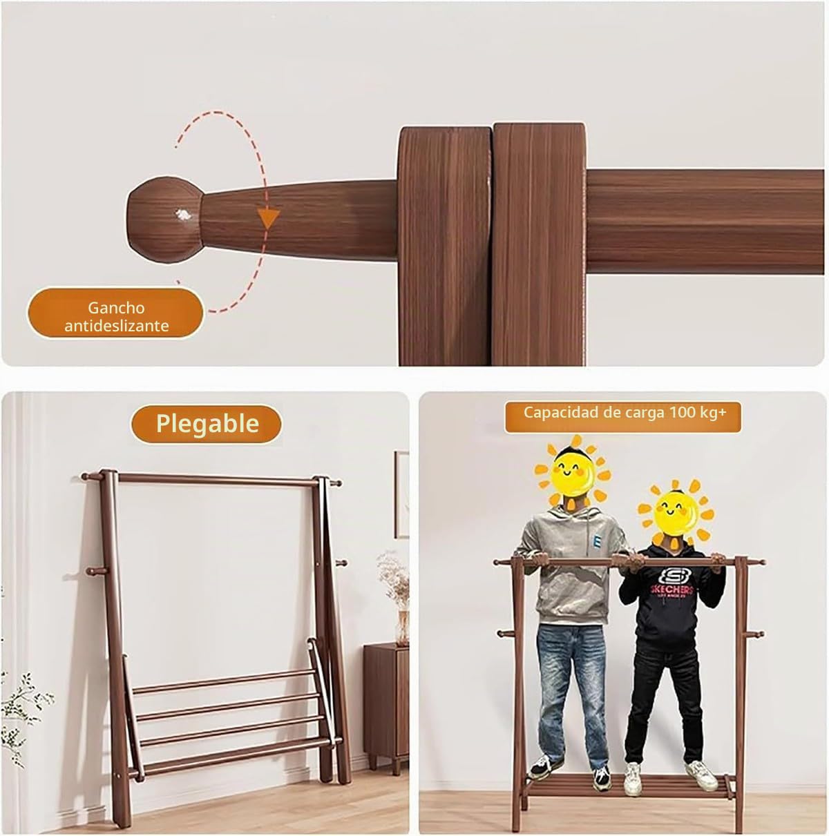 Perchero de Madera Maciza Plegable Grande, Perchero de Pie con Estante De Almacenamiento, 4 Ganchos, para Dormitorio Pequeño Apartamento Cuarto de Invitados Laundr, Haya Natural