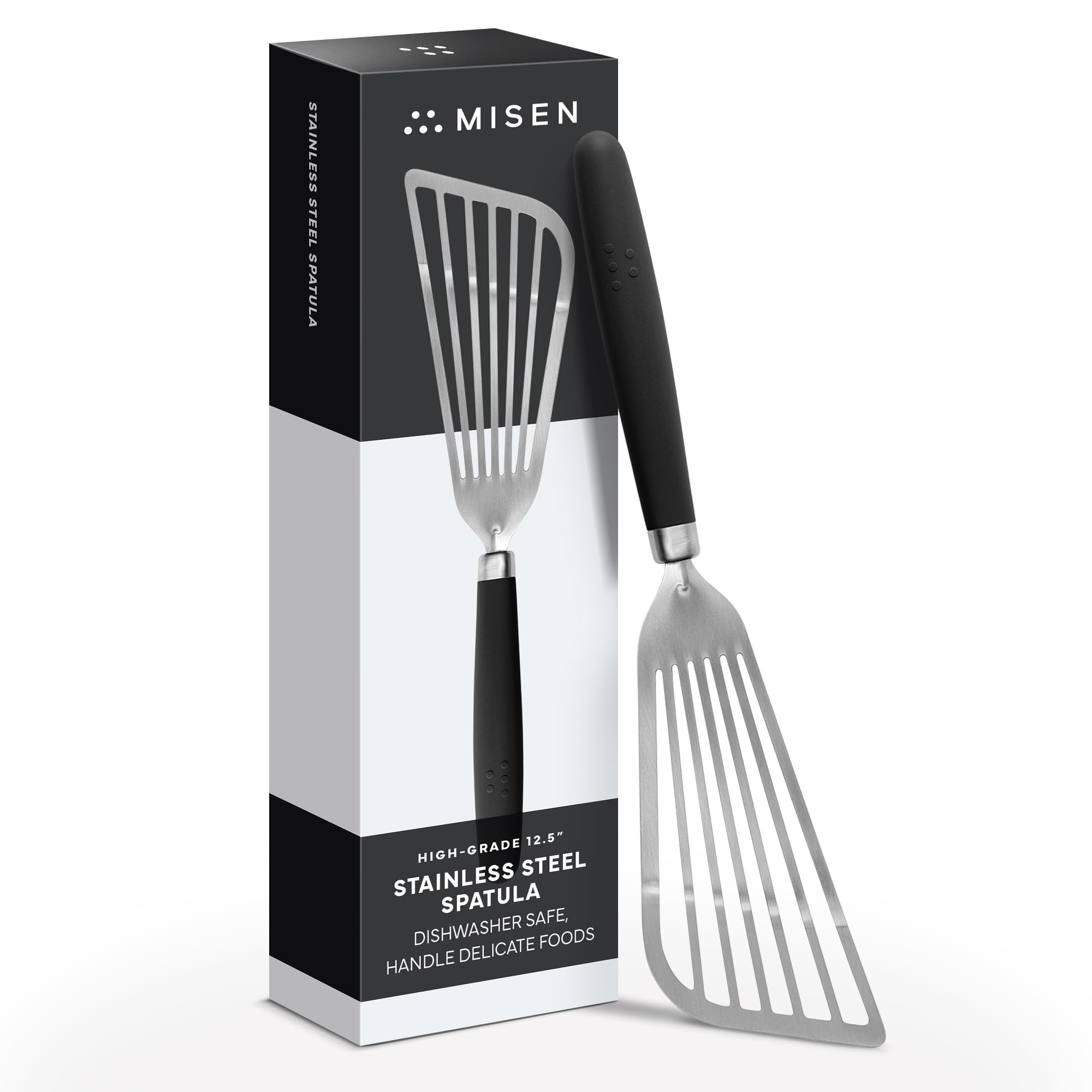 Misen Fish Stainless Steel Spatula - Slotted Turner for Cooking - Perfect for Frying - Heat Resistant - Dishwasher Safe -1mm Thick Flexible Flipper - Soft Silicone Grip Handle for Easy Use