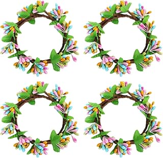 Tofficu Easter Wreath Candle Rings Set: 4pcs Coloful Artificial Berry Candle Ring Glass Tealight Candle Holder for Spring Easter Home Party Table Centerpiece Decor