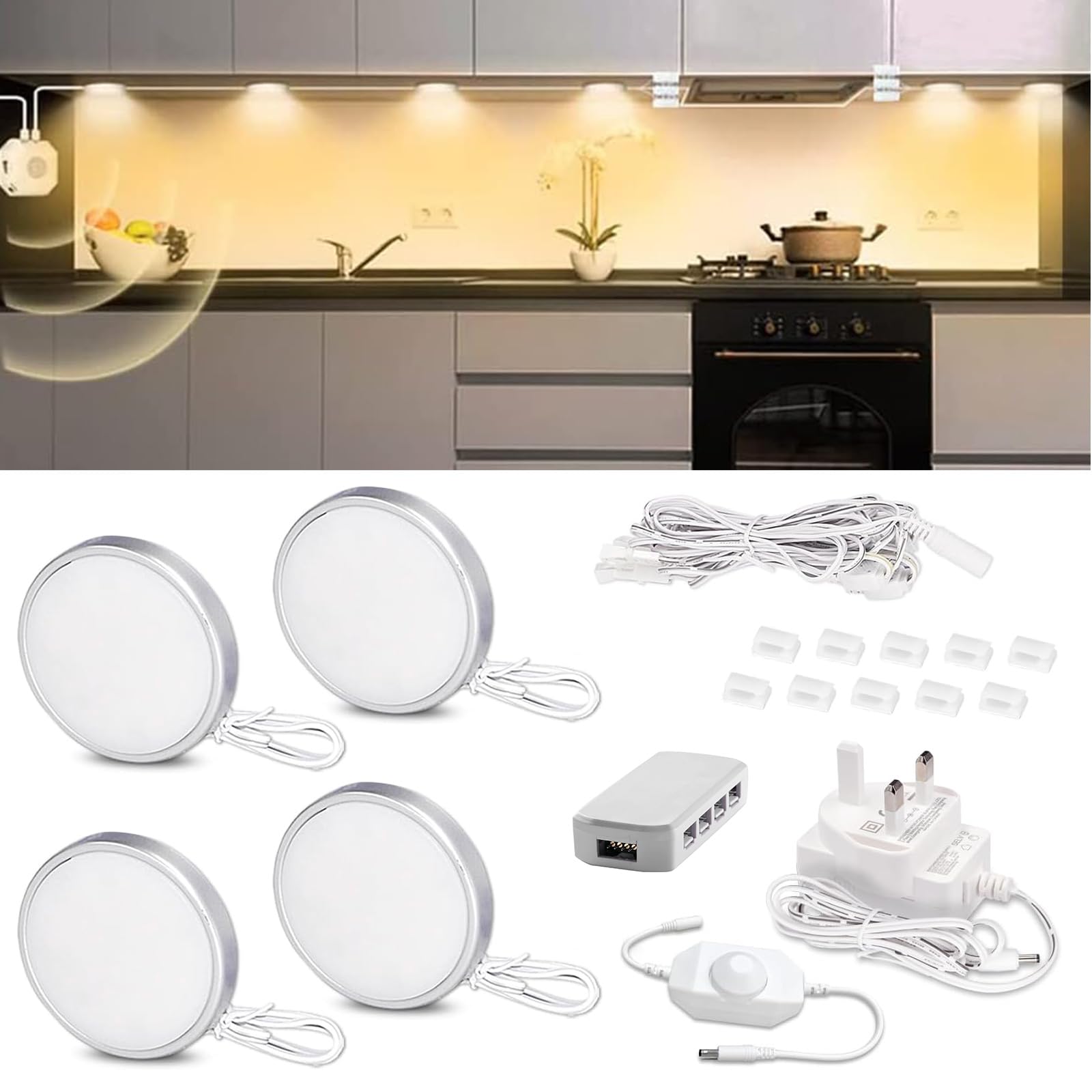 WORLUDE Dimmable Under Cabinet Kitchen Lights - 4Pcs Warm White LED Puck Light Under Cupboard Lighting, 2700K 112LEDs Display Lights for Cabinets, Kitchen, Book Shelf, Showcase, Cupboard