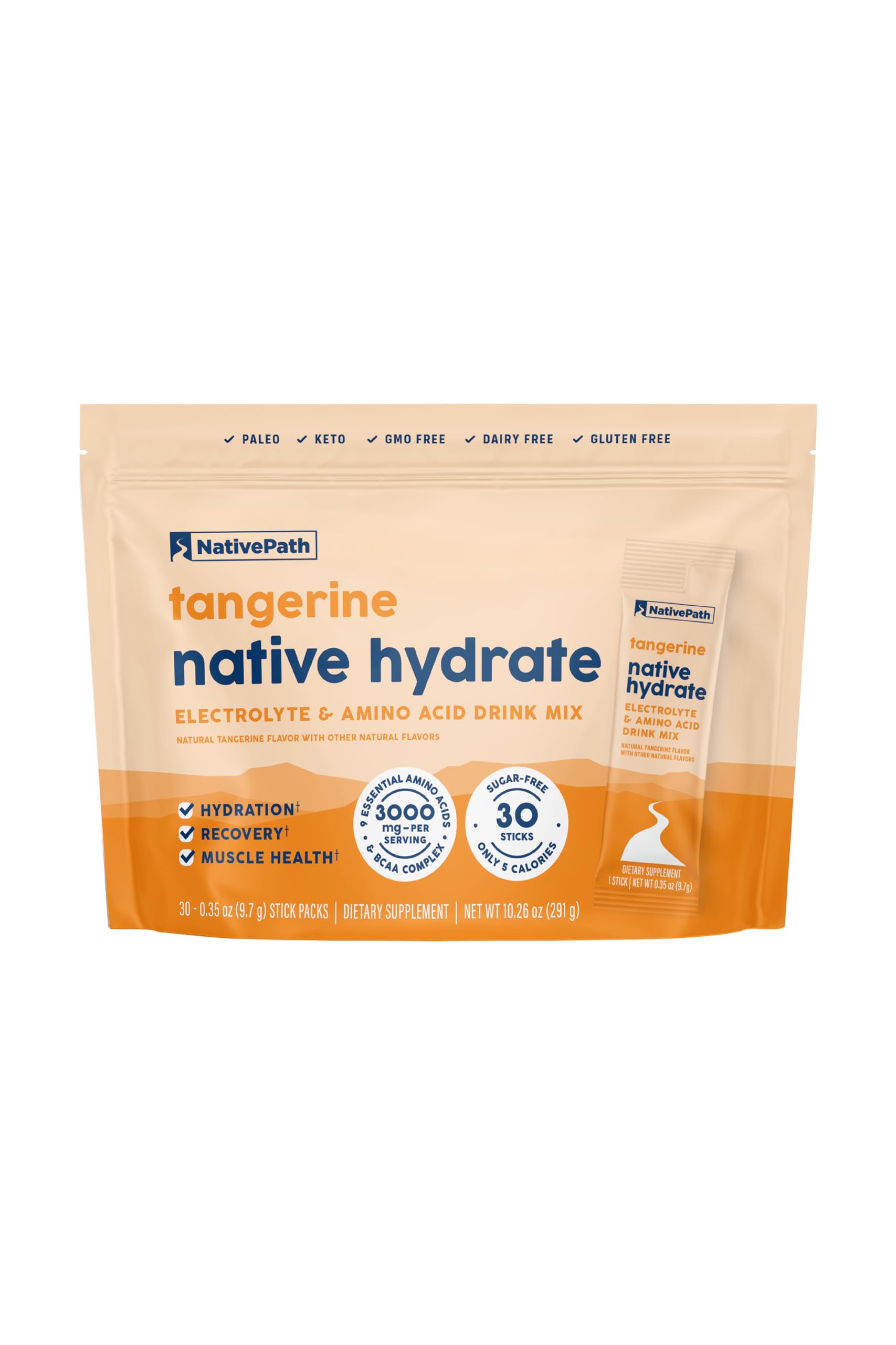 Sobres de hidratación NativePath Native Hydrate, electrolitos en polvo sin azúcar con BCAA, hidratación con sabor a mandarina, aptos para dietas cetogénicas y paleolíticas, 30 raciones