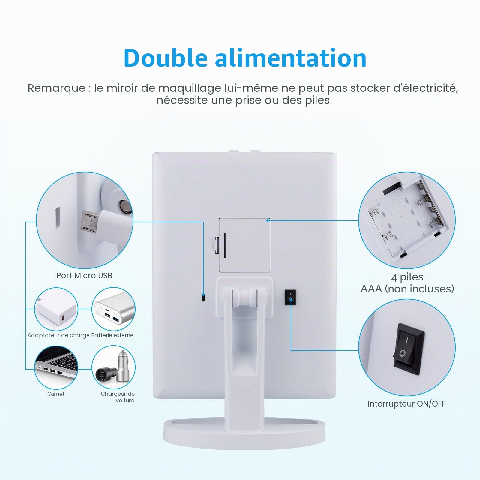 GRIFEMA GF1001W - Miroir lumineux 2X/3X pliable, rotation 180°, maquillage batterie/USB, interrupteur tactile, luminosité réglable, blanc