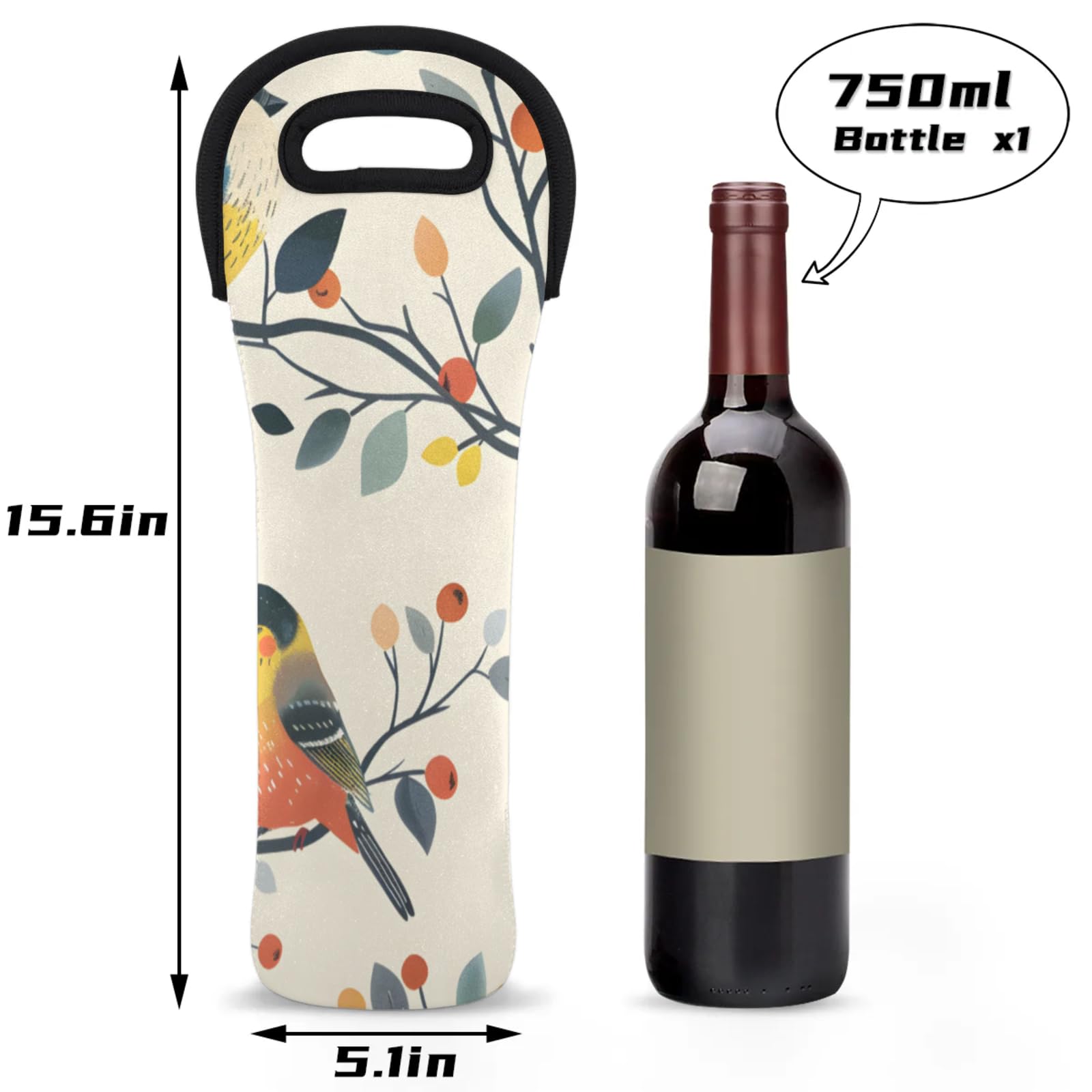 Neoprene Wine Tote Carrier Bag for Wine,Water, Champagne, Beer, Baby Bottles 15.6 x 5.1 Inches, Protective Wine Bag,Birds
