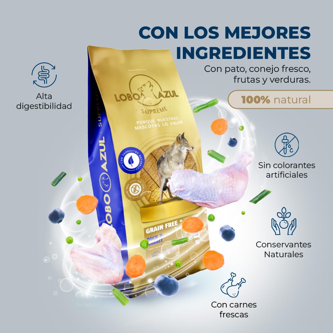 Pienso para Perros Grain Free Duck & Rabbit - Comida Natural e Hipoalergénica para Perros Adultos - Pienso sin Cereales, Rico en Proteínas de Pato y Conejo - 12kg - Lobo Azul Supreme