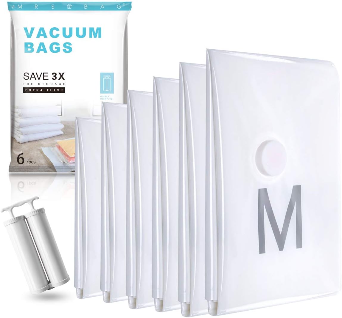 Vacuum Storage Bags Large (6 Packs) by MRSBAG - Extra Thick Space Saver Bags with Travel Hand Double-Pump for Clothes, Blankets, Comforters